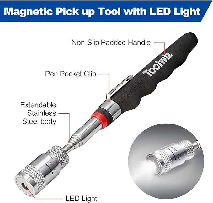 Toolwiz 15" Rolling Magnetic Sweeper 10lbs, with 8 lbs Telescopic Magnetic Pick Up tools with LED light– Telescoping Holder to Pick Up Nails Magnetic Sweeper for Construction