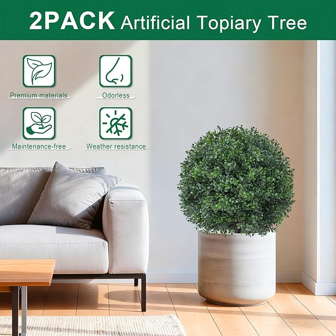 2Pack Artificial Boxwood Topiary Ball Trees,16''UV Resistant Fake Evergreen Shrubs Bushes Plants with Ground Spike, Fake Plants for Outdoor Indoor Front Porch Garden