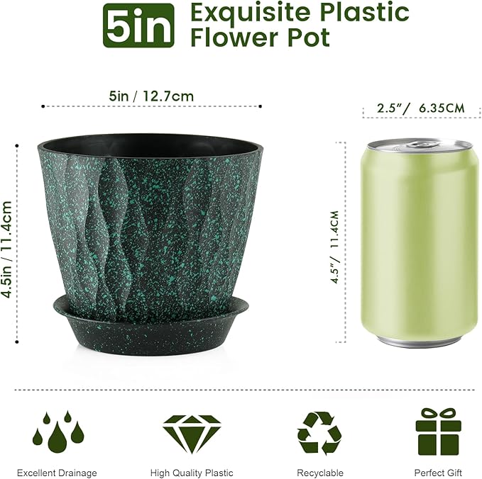 Meowell 5 inch Plant Pots for Indoor Outdoor Plants, 6 Pack Thick Nursery Pots with Drainage Holes and Saucers, 3D Modern Wave Texture Small Plastic Planter Flower Pots, Black with Green Speckles