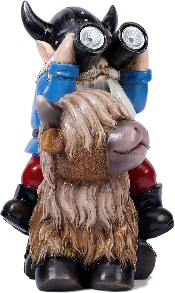 Joint Honglin Garden Gnome Statues Resin Gnome Sitting on Highland Cow Solar LED Lights Outdoor Telescope Gnome Decorations