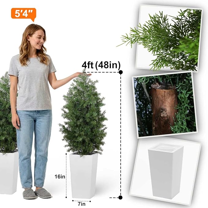 Aveyas 4ft Artificial Cedar Topiary Trees, 4 Feet Faux Potted Plants Evergreen Fake Pine Cypress Tree for Outdoor Porch Home Outside Door Decor (4 ft Tall Including Raised Pot) - Set of 2 Pack
