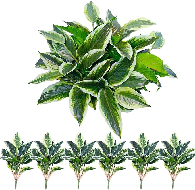6PCS Artificial Tropical Green Plants – 15.75" Fake Hostas Outdoor Artificial Plants, UV Resistant, Faux Green Leaf Stems for Porch, Patio, Balcony, Garden Planter or Indoor Décor