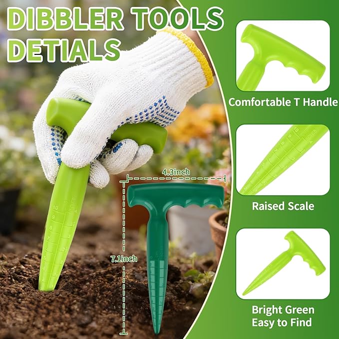 17Pcs Seed Planter Tool with 5-Hole Seed Dispenser & 6.9" Dibber & Succulent Tools Set, Plastic Planting Tools for Sowing, Bulbs, Seedlings-Includes Planting Labels