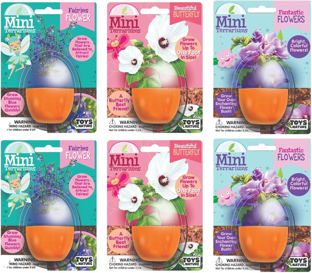 Toys By Nature Mini Terrarium Flowering Bundle, 100% USA Made Complete Starter Kit Includes 2 Each of Lobelia, Dixie Belle Hibiscus, Rose of Sharon, Easy to Grow Planting Seeds Just Add Water