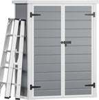 DWVO Outdoor Tall Storage Shed 50 Cuft with 2 Shelves, 4.3x2x5.5ft Vertical Tool Shed with Floor & Lockable Doors, Sturdy Double-Wall Plastic Cabinet for Garbage Cans and Garden Equipment