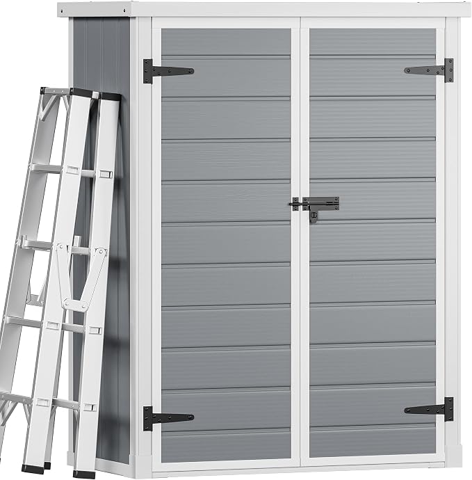 DWVO Outdoor Tall Storage Shed 50 Cuft with 2 Shelves, 4.3x2x5.5ft Vertical Tool Shed with Floor & Lockable Doors, Sturdy Double-Wall Plastic Cabinet for Garbage Cans and Garden Equipment