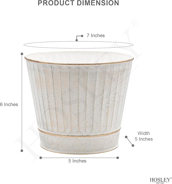 Hosley Metal Planters 7" Dia x 6" H Ideal Farmhouse Decor for Floral Arrangements Weddings, Gift Special Events Parties Outdoor Planters White wash
