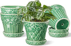 Metahom Ceramic Plant Pots, 4.9 Inch Flower Pots with Drainage Hole & Saucer, Decorative Planter Pots for Indoor Plants, Small Pots for Succulent, Catus, Home Decor, Set of 4, Green