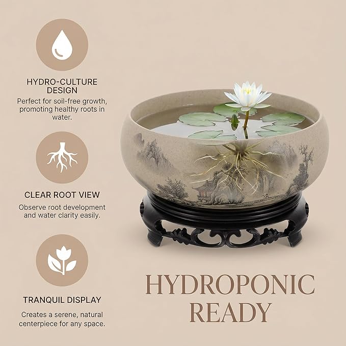 Water Lily Bowl Planter - Narcissus Bonsai Pot Ceramics Hydroponic Lotus Planter Ceramic Water Lily Pot with Stand No Drainage Plant for Plants Display Lucky Bamboo Home Garden Chinese Fish Bowl