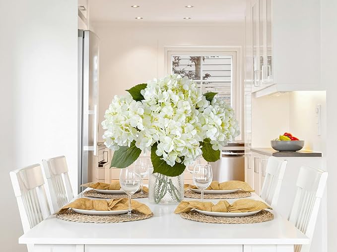 4 Pcs Real Touch White Hydrangeas Artificial Flowers 20'' Long Stem Faux Hydrangeas for Porch Party Wedding Baby Shower Home Decor Kitchen Table Centerpiece