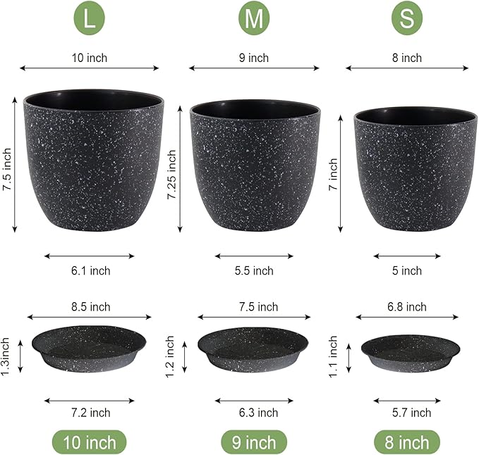 WSMKSZ Plant Pots 10/9/8 inch, Set of 3 Modern Decorative Plastic Planters with Drainage Holes and Saucers for Garden House Plants, Flower Pots for Indoor Outdoor Plants, Speckled Black