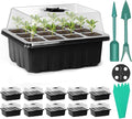 Sfee 10 Pack Seed Starter Tray Kit, 120 Cells Seedling Starter Trays with Humidity Dome and Base Greenhouse Growing Trays, Reusable Seedling Tray with Garden Tools Labels (Black)
