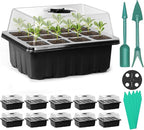 Sfee 10 Pack Seed Starter Tray Kit, 120 Cells Seedling Starter Trays with Humidity Dome and Base Greenhouse Growing Trays, Reusable Seedling Tray with Garden Tools Labels (Black)