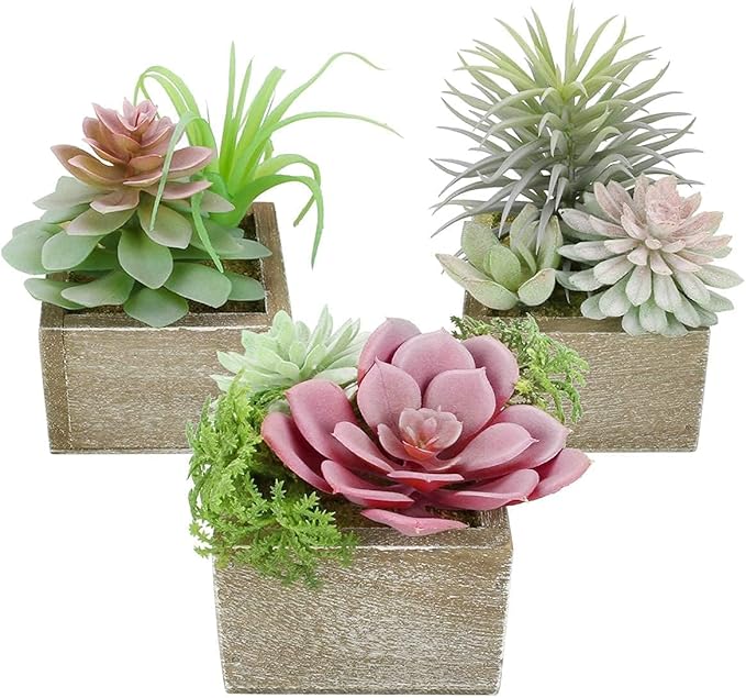 Succulent Plants Artificial, 3 Pack Small Fake Plants in Wood Pot for Home Decor, Farmhouse Artificial Plants Indoor for Living Room Bathroom Bedroom Office Kitchen Desk Wedding Coffee Table Decor