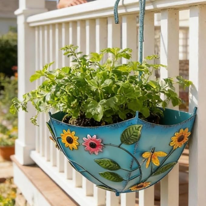Plant Umbrellas for Outdoor Plants, Farmhouse Umbrella Shaped Wall Hanging Planter – Metal Iron Art with Drainage Holes, No-Drill Rustproof Flower Pot for Yard, Patio, Balcony
