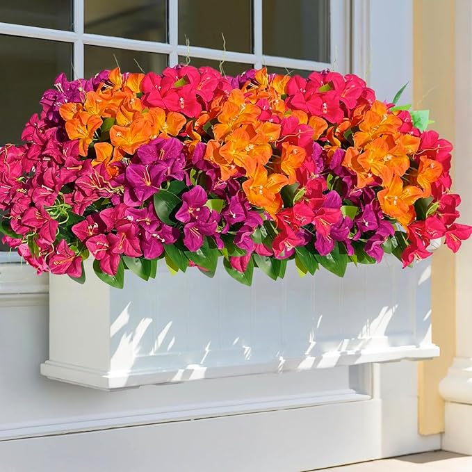Spring Artificial Bougainvillea Flowers Fake Plants for Outdoors Porch Planters, UV Resistant Faux Realistic Silk Colorful Greenery for Summer Outside Patio Decoration, 8 Bundles
