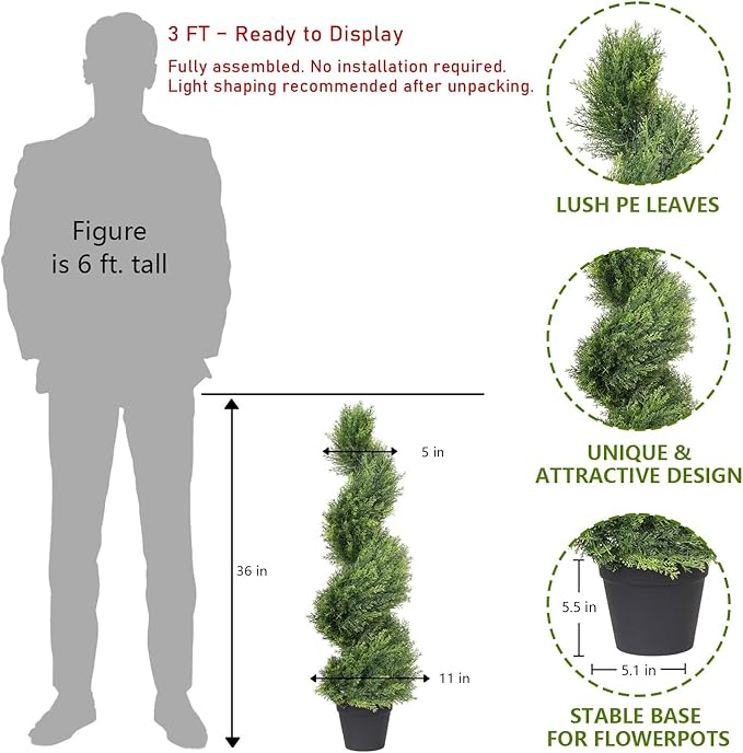 THE BLOOM TIMES 3ft Artificial Topiary Trees Set of 2, 36 inch Faux Cedar Cypress Spiral Topiary Trees Outdoor - Fake Plants for Garden Front Porch Indoor Outside Planter Decor 3 Foot