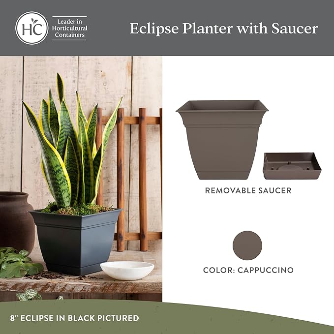 The HC Companies Eclipse Square Plastic Planter w/Attached Saucer - Outdoor & Indoor Plant Pot with Drainage Holes - Lightweight, UV-Resistant Plastic Pots for Plants (10" Cappuccino, Pack of 1)