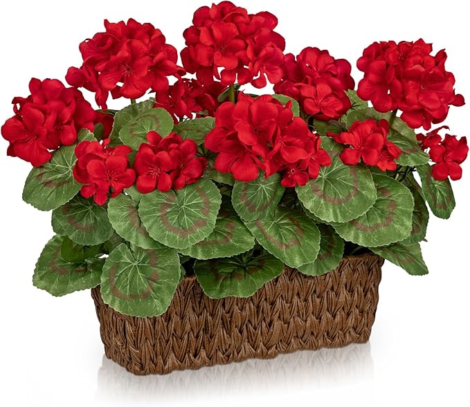 Briful Artificial Geraniums Flowers in Woven Basket Planter, Real Faux Red Silk Geranium Blooms for Outdoor Patio Porch, 13.8" Fake Potted Plant for Home Office Indoor Window Table Centerpiece Décor