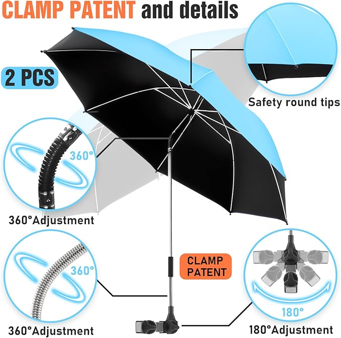 2 PACK Beach Umbrella with Clamp, 360 ° Adjustable Umbrellas for Chair, UPF50+ Umbrella for Beach Chair, Patio Chair, Wheelchair, Camping Chair, Golf Carts (Chair Not Included)