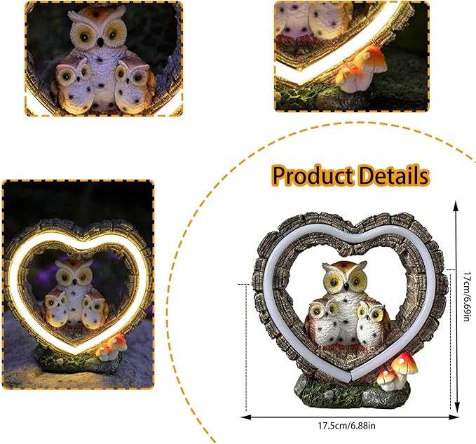 Solar Owl Garden Statue, Outdoor Waterproof Handmade Resin Statue Solar LED Lights, Warm Owl Family Decoration, Suitable for Roads, Yards, lawns