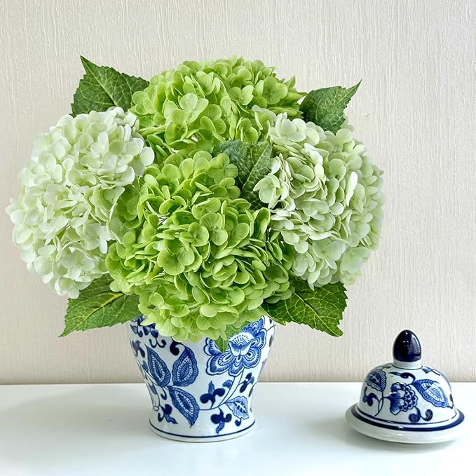 ZYTUYO 4 Pcs Real Touch Light Green Dark Green Hydrangeas Artificial Flower 21'' Realistic Faux Latex Hydrangeas Flower for Home Decor Kitchen Living Room Spring Table Wedding Xmas Arrangement
