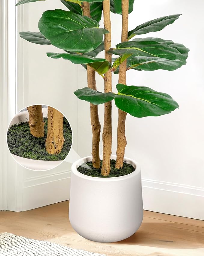 Artificial Fiddle Leaf Fig Tree in Modern White Planter, 5ft Large Fake Tree with 3 Sturdy Trunks, Fake Plants Faux Fig Tree with Moss, Lifelike Tall Artificial Plants Indoor for Office Home Decor