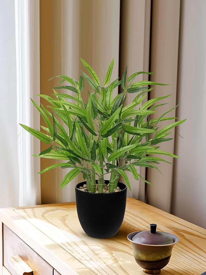 GnFlus Artificial Bamboo in Black Potted Fake Bamboo Plant-Faux Tree in Pot for Farmhouse Home Living Room Desk Indoor Outdoor Shelf Office Decor