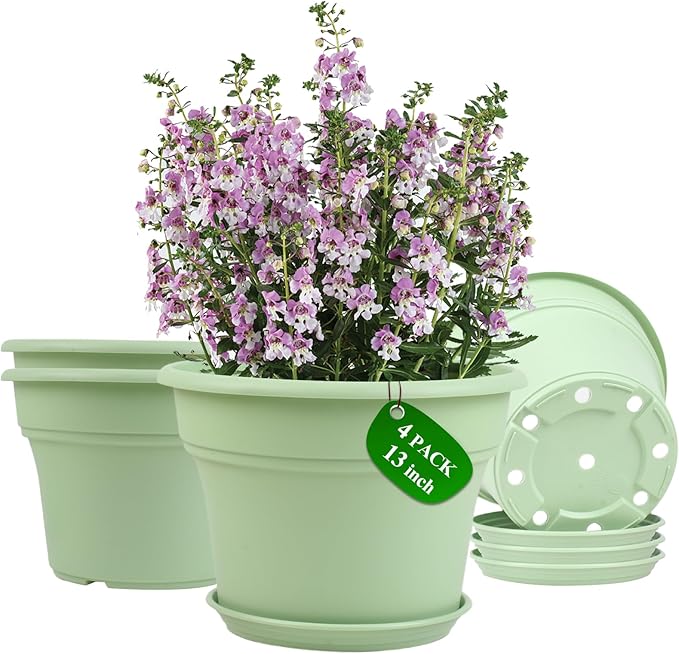 Pottiffe 13 Inch Plastic-Flower-Pot-for-Indoor-Plants, 4 Pack Large Outdoor Planter Pot with Drainage Holes & Saucers, Resin Decorative Garden Pots Planters