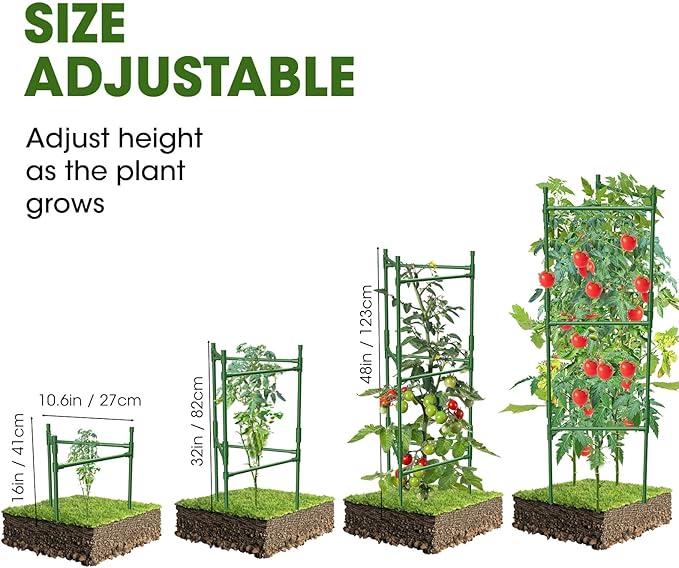 6 Pack Tomato Cage,Tomato Cage for Raised Garden Bed, 48'' Tall Tomato TrellisTriangle or Square Cages for Garden,Pots, Plant Cages & Supports（Green, Extra Bold ）