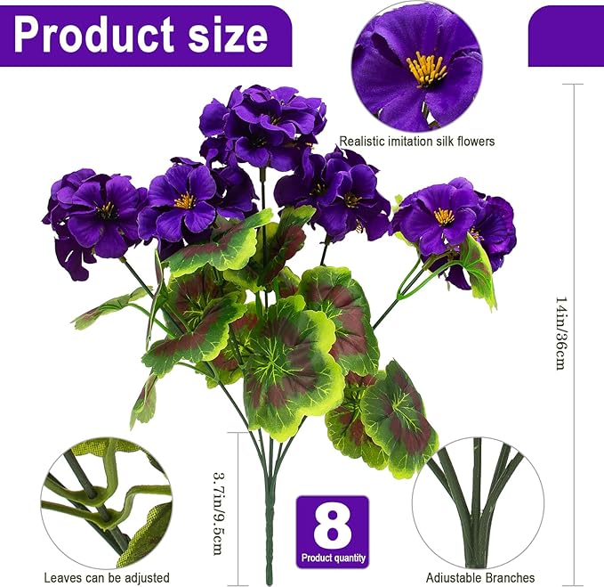 lovemoon 8 Pcs Artificial Geranium Plant Realistic Silk Flowers for Outside UV Resistant Faux Geraniums Flowers for Indoor Outdoor Home Garden Office Decoration (8, Purple)