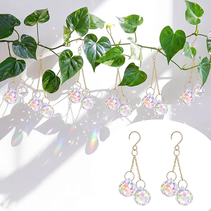 6 Pcs Colorful Crystal Sun Catcher Plant Vine Charms Hanging for Mini Potted Plants, Home Window Garden, Garden Home Window Rainbow Sun Catchers Plant Accessories Indoor (Ball)