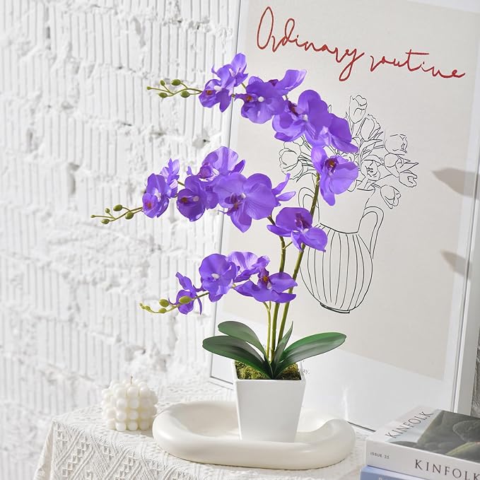 Faux Orchid in Vase Large Artificial Orchid in Ceramic Vase Silk Orchids with Stems Real Look Potted Phalaenopsis Flowers Arrangement Centerpiece Table Decorations for Home Decor Indoor, Purple