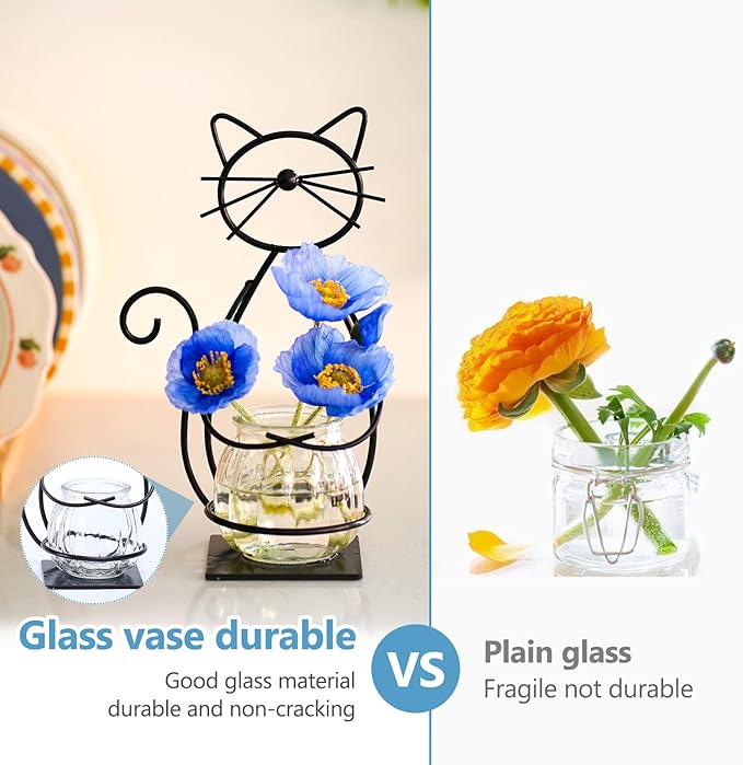 Desktop Glass Planter Vase Holder, Metal Cat Plant Terrarium Stand for Plants Creative Decorations for Home Patio Lawn Garden