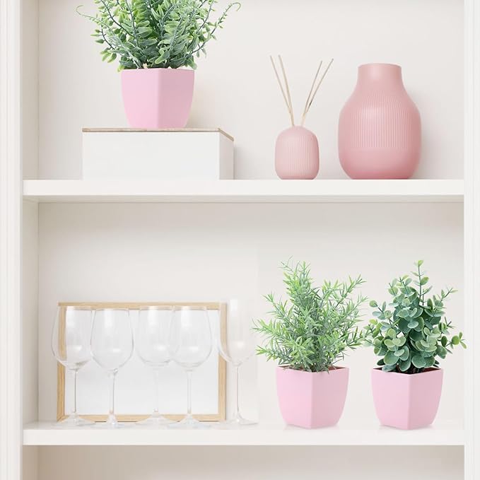summer flower 4 Pack Small Fake Plants in Pink Pot Artificial Plant Indoor Eucalyptus Wheat Grass Ferns Rosemary Faux Greenery for Room Decor Home Office Desk Bathroom Kitchen Living Room Decorations
