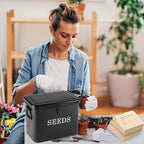 Seed Storage Organizer, T-Shape Compartment Seed Box with Safety Lock, Metal Seed Saving Box, Portable Seed Bin Container with Handle, Including 2 Pens 20 Plant Labels 50 Seed Envelopes-Black