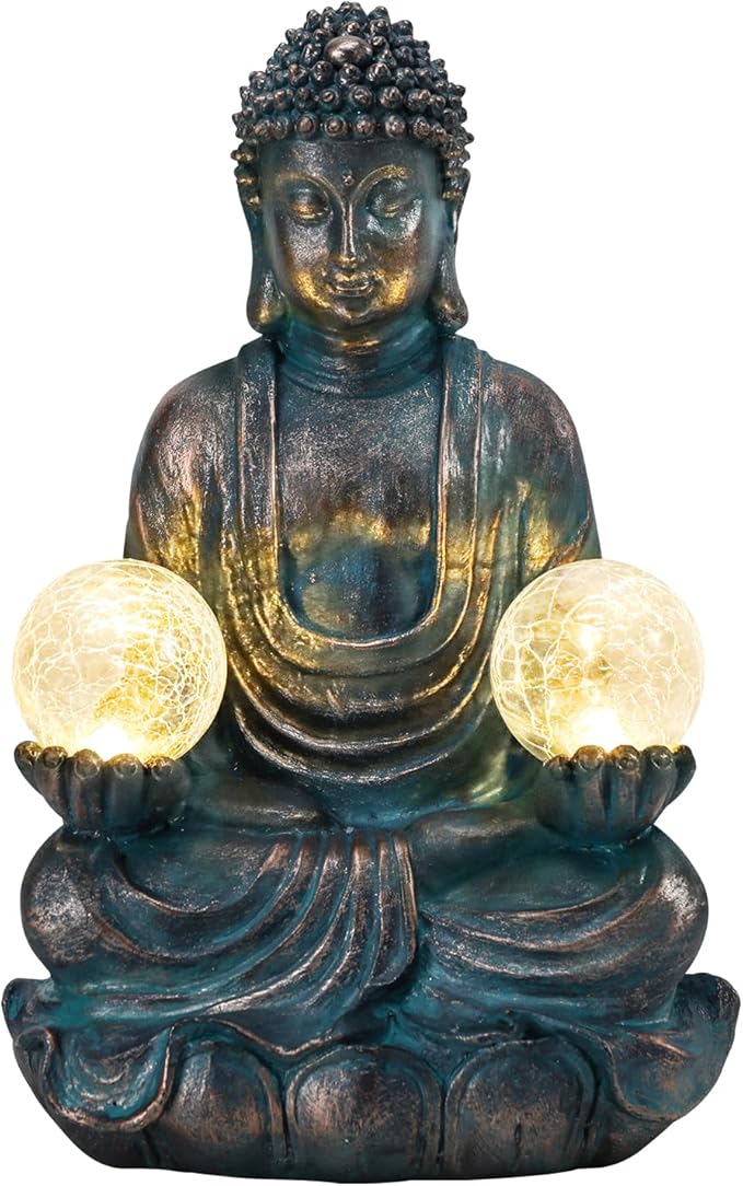 Afirst 10.5'' Meditating Buddha Garden Statues Solar Buddha Sculpture Decor with Glass Balls Zen Meditation for Home Garden Yard Patio Indoor Outdoor Ornaments Gifts for Mom