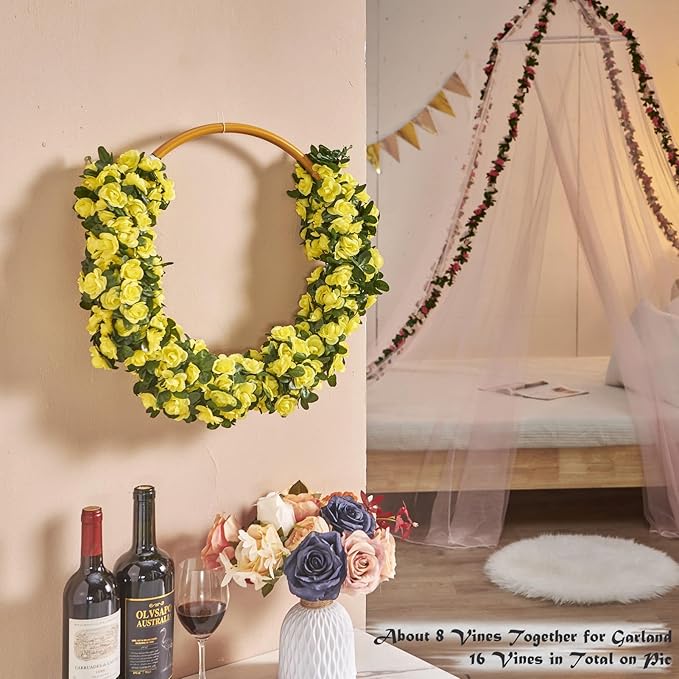 8 Pcs x 8.2 ft Flower Garland Artificial Rose Vine Flowers with Green Leaves Hanging Fake Roses Vine for Room Party Home Wedding Birthday Christmas Wall Arch Decor, Spring Yellow Flower