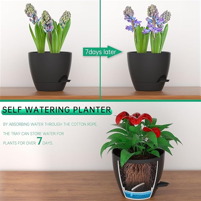 ZMTECH 10 Inch Plant Pots Set of 2 Planters for Indoor Plants Self Watering Pots Flower Pots with Drainage Holes and Saucer for Outdoor Plants(Black)