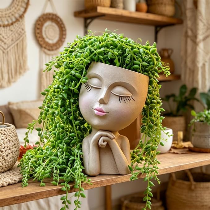Face Planters Pots Head, Unique Air Plant Holder, Funny Succulent Flower Pot, Cute Indoor Plant Pot with Drainage for Small Herb Cactus, Decorative Vase, Garden Gift for Women, Desk Shelf Art Decor 7"