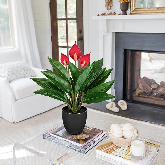 GnFlus 20'' Realistic Red Anthurium Artificial Potted Plant, Fake Flowers for Home Office Farmhouse Kitchen Bathroom Table Shelf Decor
