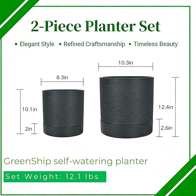GreenShip Planter Set of 2 (GK-Black, 9.8in+7.8in) – Cylinder Planters with Drainage Hole and Planter Saucer, Jun Porcelain Clay & Recycled Resin, Decorate Home,Office & Outdoor