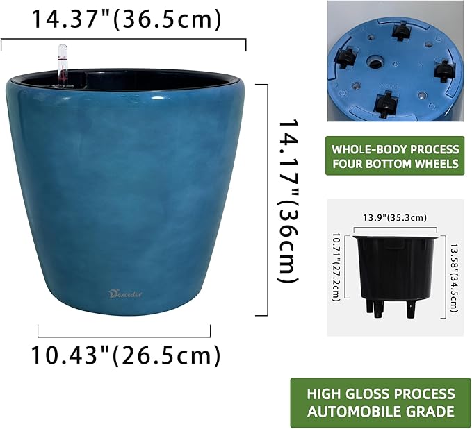 Dexceder 15x14 Self Watering Planter with Wheels (Peacock Blue Gradient) | Inner Pot Design, Thickened Large Floor Standing Flower Plant Pot with Water Level Indicator Indoor Outdoor
