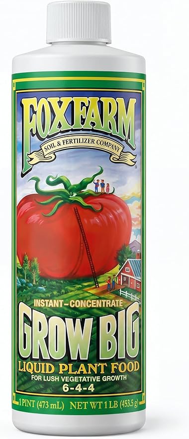 FoxFarm Grow Big Liquid Plant Food - 6-4-4 House Plant Fertilizer for Lush Vegetative Growth, Fast Nutrient Uptake for Roses, Tomatoes & Veggies - Pint Size Concentrate