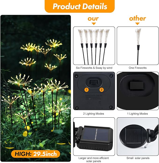 Kwaiffeo Solar Garden Lights Outdoor: Waterproof 2 Modes Twinkling Fireworks Light, Solar Lights for Outside Yard Pathway Garden Decor - Mothers Day Gardening Gifts for Women, Warm White -6Pack