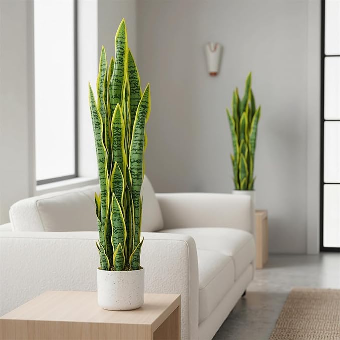 3FT Tall Artificial Trees, Fake Snake Plant with White Planter & 33 Realistic Leaves, Large Potted Artificial Sansevieria Mother in Law Tongue Plant, for Living Room Hallway Entryway
