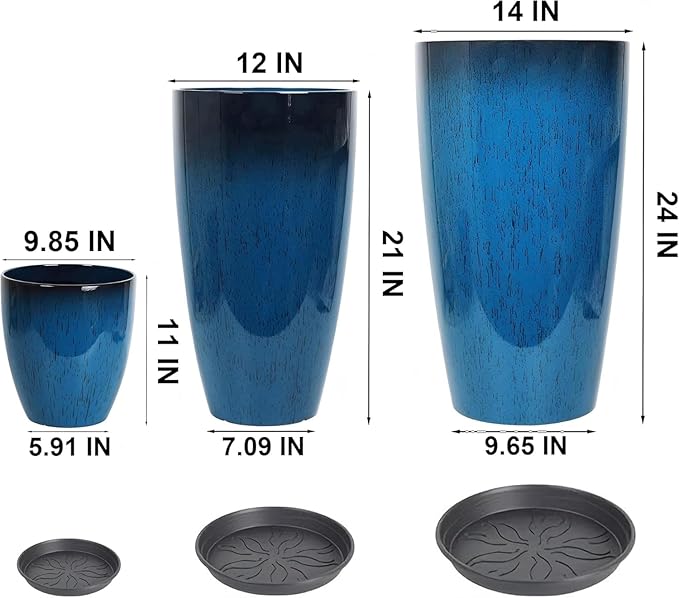 24/21/11 Inch Tall Planter Pots Garden Plastic Planters - Set of 3 for Indoor & Outdoor Use - Decorative Lightweight Flower Pots