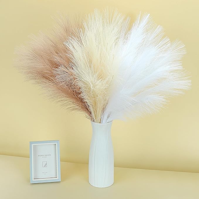 SeptCat 60 Pcs Pampas Grass Decor 21.7" Fluffy Faux Short White Brown Yellow Pampas Grass Artificial Small Pompas Grass Flower Vase Filler for Home Wedding Decoration