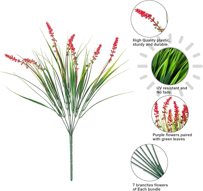 HyeFlora 20 Bundles Artificial Fake Outdoor Plants Flowers for Spring Decoration, UV Resistant Realistic Red Plastic Flowers Faux Plant Monkey Grass for Planter Home Garden Porch Patio Window Box