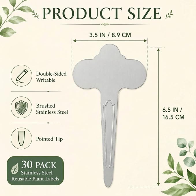 30 Pack Metal Plant Labels 6-1/2" x 3-1/2" Stainless Steel Outdoor Reusable Nursery Plant Name Tags Waterproof Garden Seed Labels Makers for Flowers Vegetable Pots Seedlings Herbs